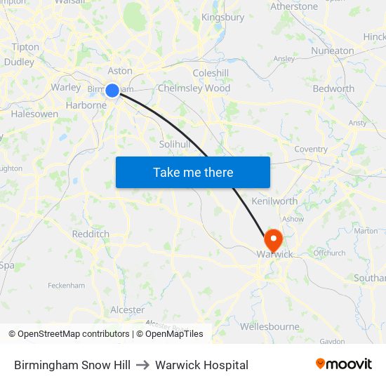 Birmingham Snow Hill to Warwick Hospital map