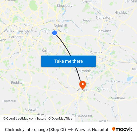 Chelmsley Interchange (Stop Cf) to Warwick Hospital map