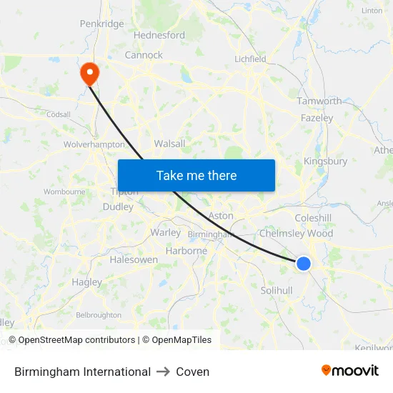Birmingham International to Coven map