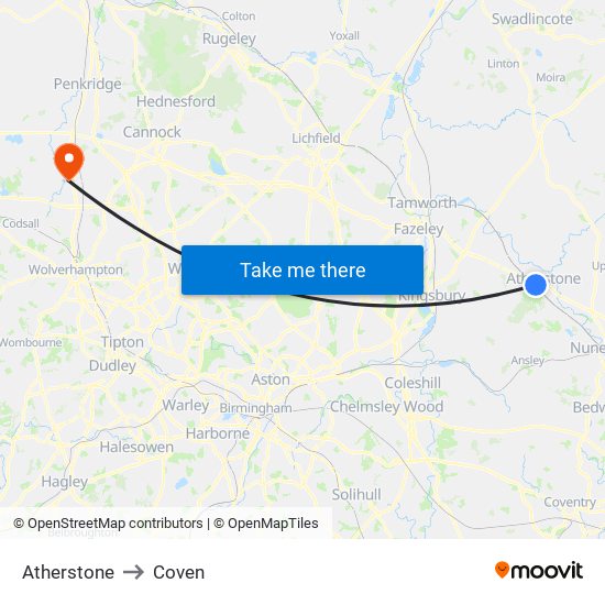 Atherstone to Coven map