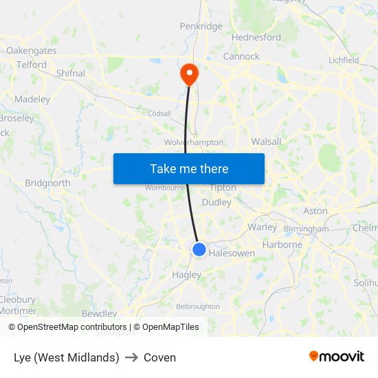Lye (West Midlands) to Coven map