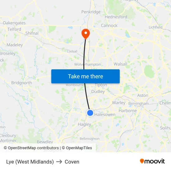 Lye (West Midlands) to Coven map