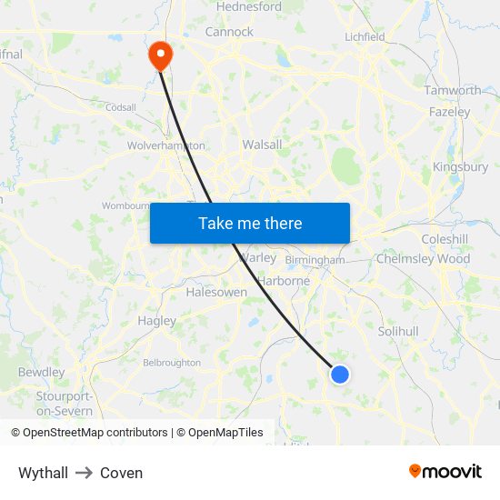Wythall to Coven map