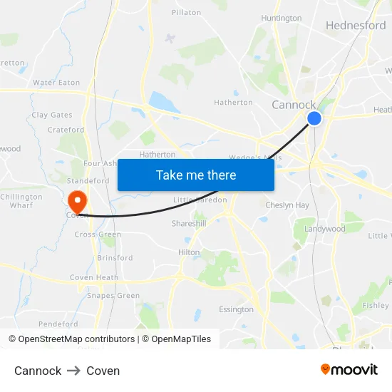 Cannock to Coven map