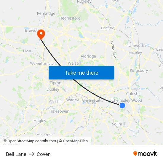 Bell Lane to Coven map
