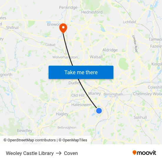 Weoley Castle Library to Coven map