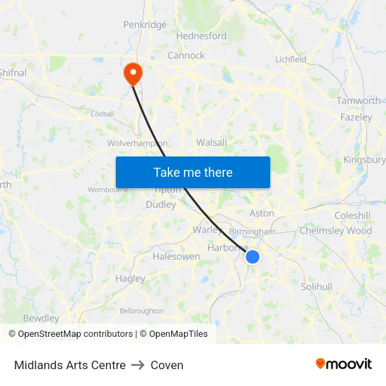 Midlands Arts Centre to Coven map