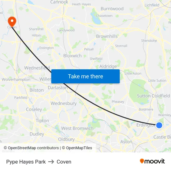 Pype Hayes Park to Coven map