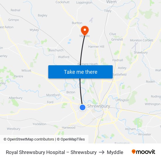 Royal Shrewsbury Hospital – Shrewsbury to Myddle map