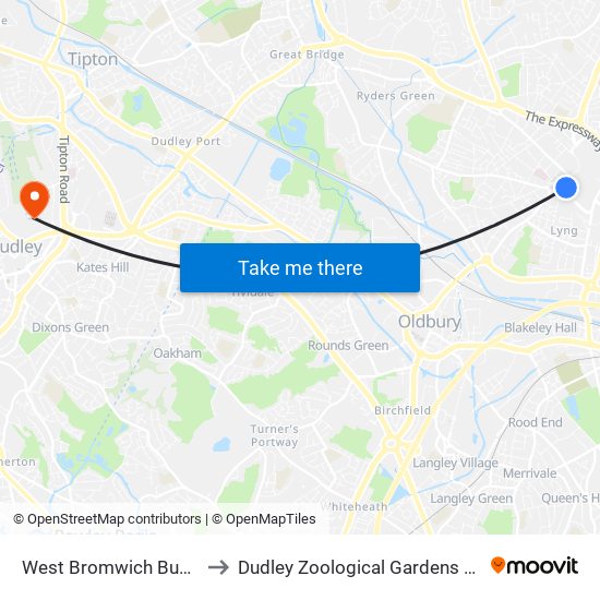 West Bromwich Bus Station to Dudley Zoological Gardens And Castle map