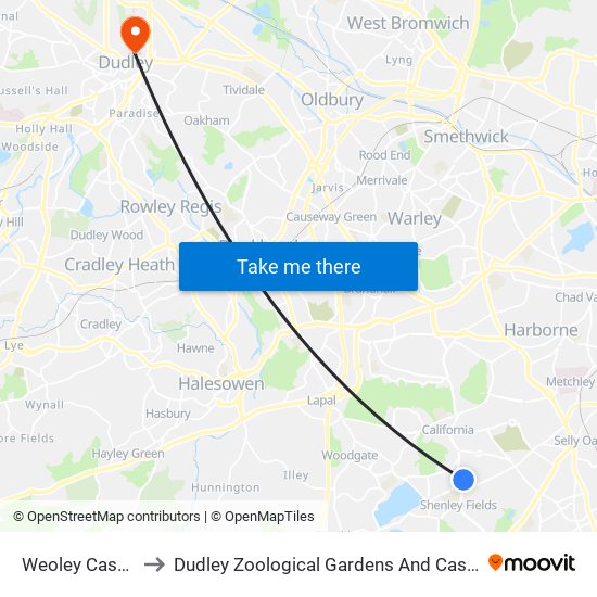 Weoley Castle to Dudley Zoological Gardens And Castle map