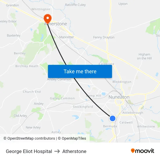 George Eliot Hospital to Atherstone map