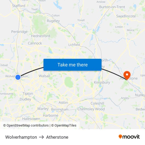 Wolverhampton to Atherstone map