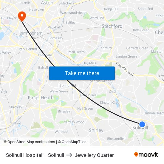 Solihull Hospital – Solihull to Jewellery Quarter map