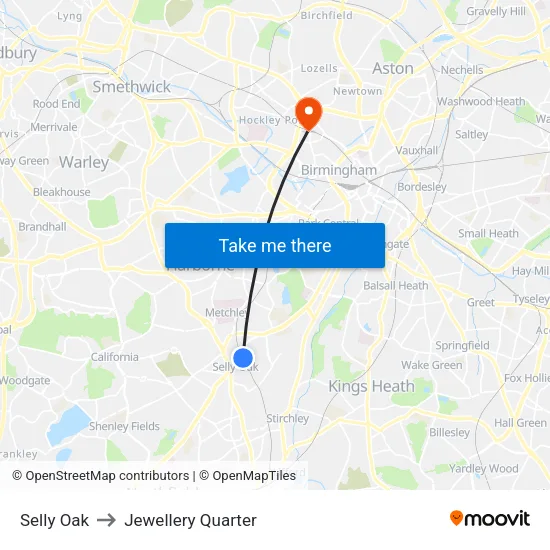 Selly Oak to Jewellery Quarter map
