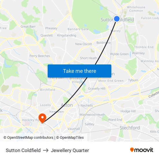 Sutton Coldfield to Jewellery Quarter map