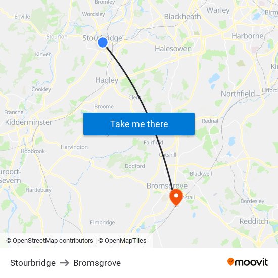 Stourbridge to Bromsgrove map