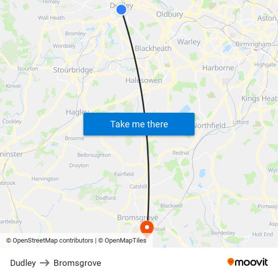 Dudley to Bromsgrove map