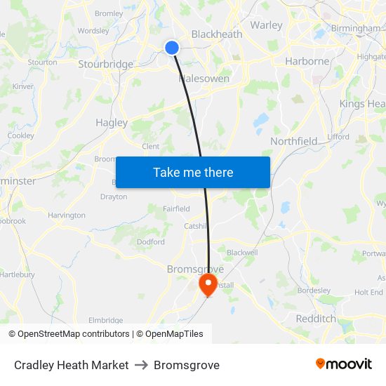 Cradley Heath Market to Bromsgrove map