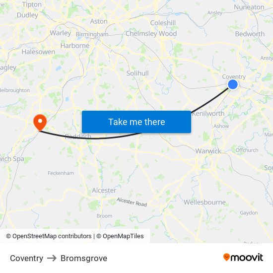 Coventry to Bromsgrove map