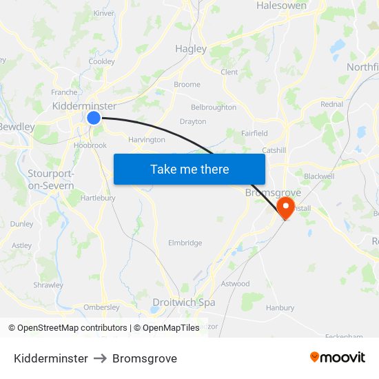 Kidderminster to Bromsgrove map
