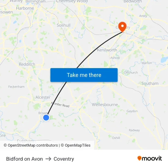 Bidford on Avon to Coventry map