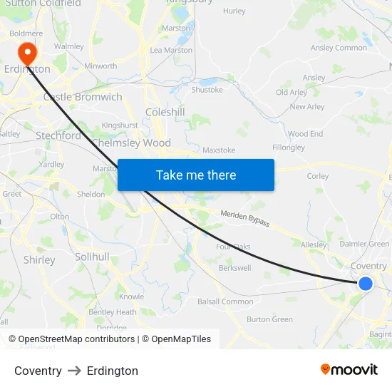 Coventry to Erdington map