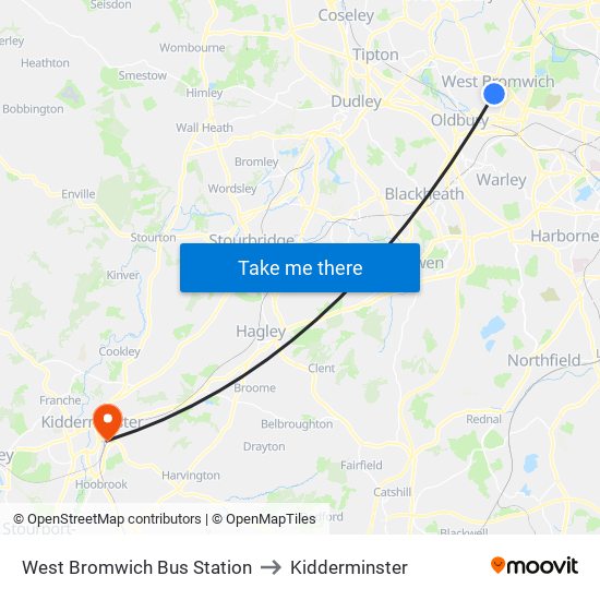 West Bromwich Bus Station to Kidderminster map