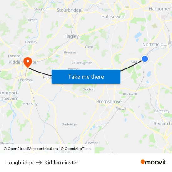 Longbridge to Kidderminster map