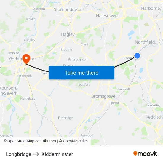 Longbridge to Kidderminster map