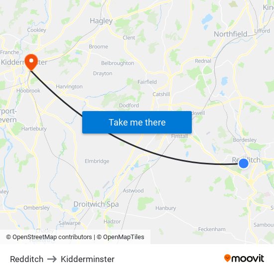 Redditch to Kidderminster map