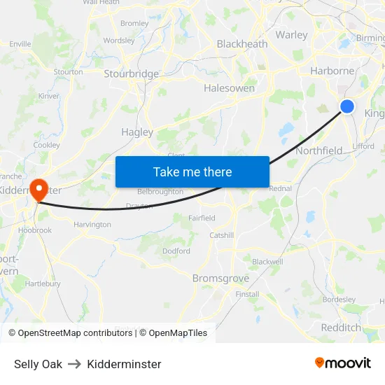 Selly Oak to Kidderminster map