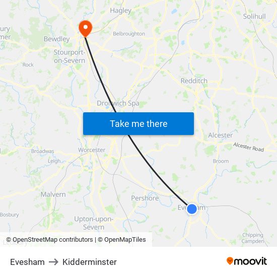 Evesham to Kidderminster map