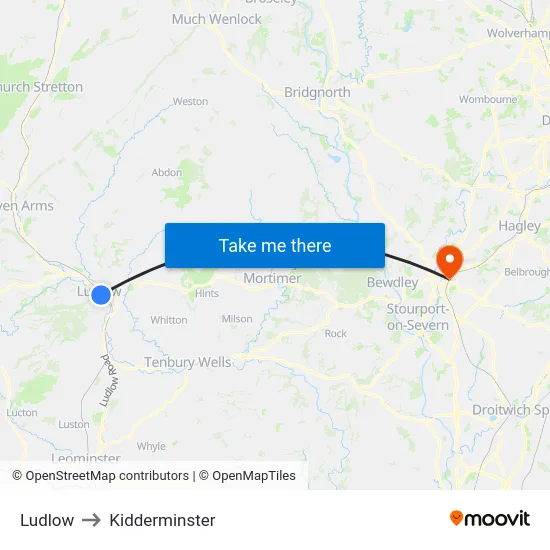 Ludlow to Kidderminster map