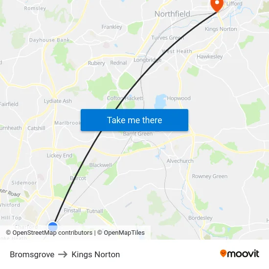 Bromsgrove to Kings Norton map
