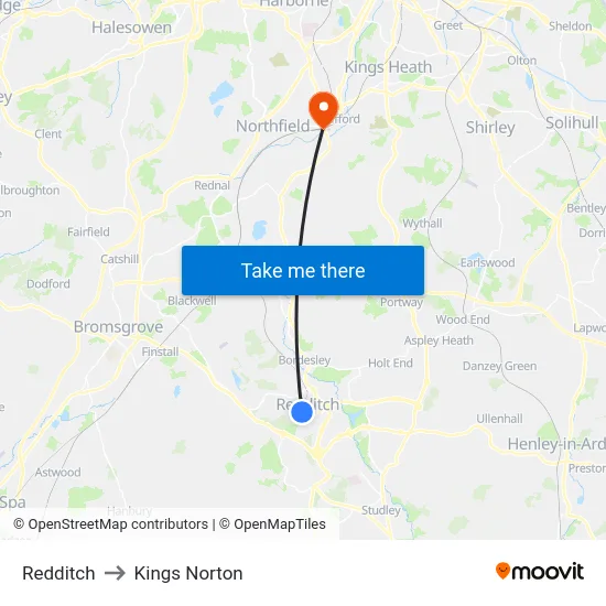 Redditch to Kings Norton map