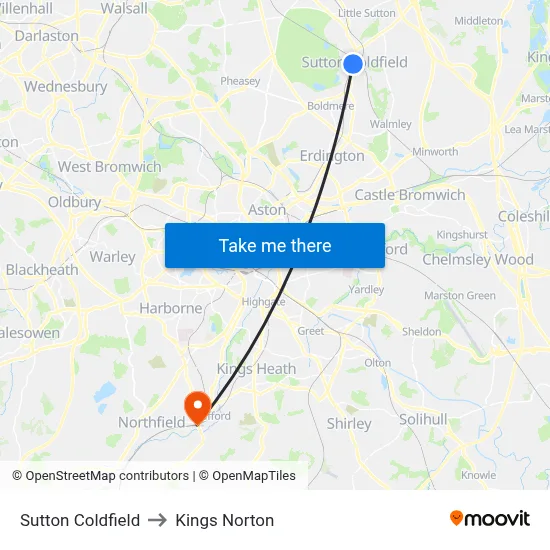 Sutton Coldfield to Kings Norton map