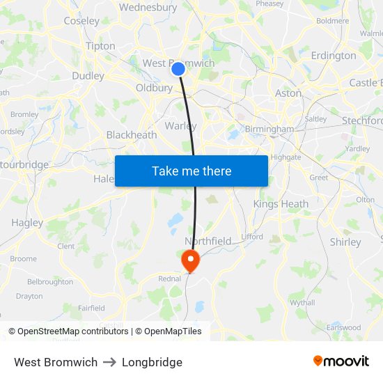 West Bromwich to Longbridge map