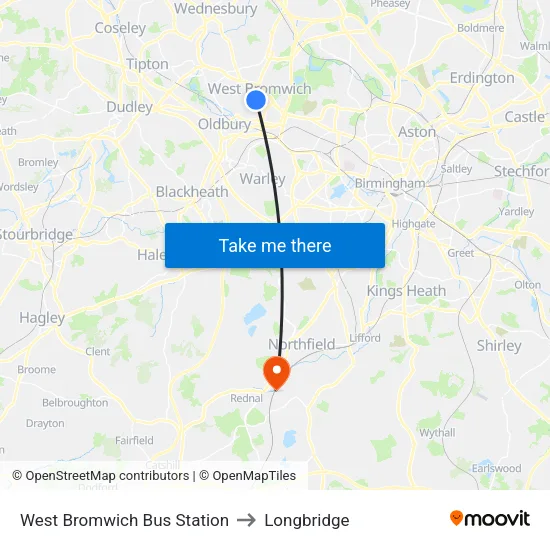 West Bromwich Bus Station to Longbridge map