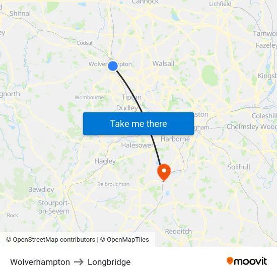 Wolverhampton to Longbridge map