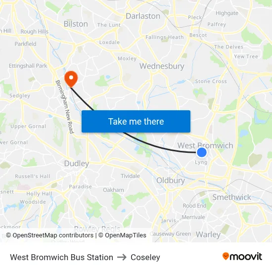 West Bromwich Bus Station to Coseley map