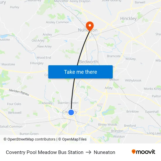 Coventry Pool Meadow Bus Station to Nuneaton map