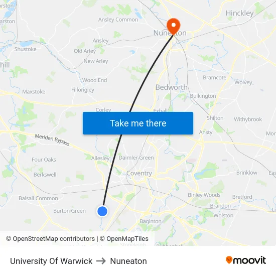 University Of Warwick to Nuneaton map