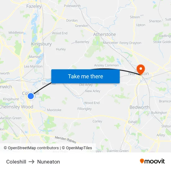 Coleshill to Nuneaton map