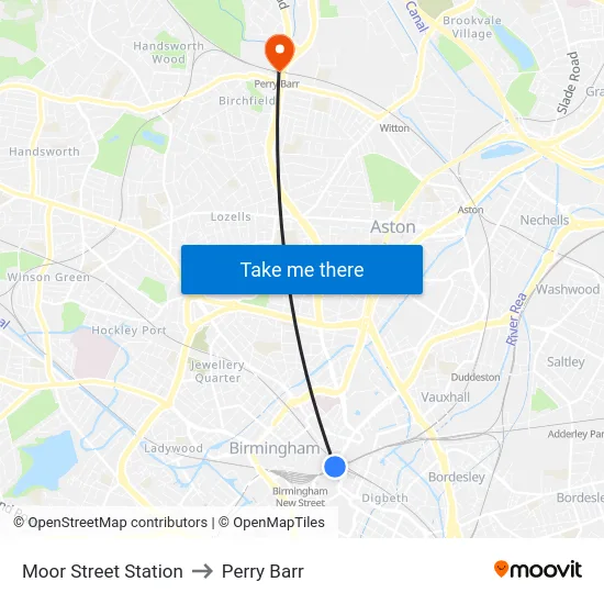 Moor Street Station to Perry Barr map