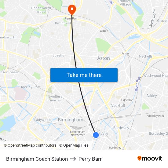 Birmingham Coach Station to Perry Barr map