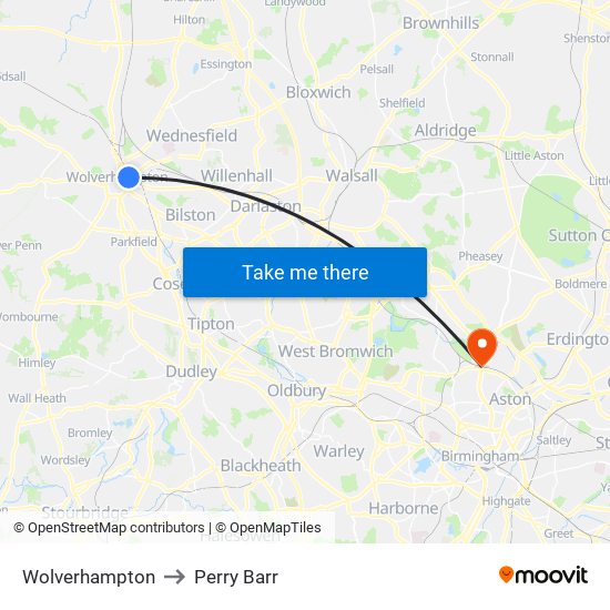 Wolverhampton to Perry Barr map