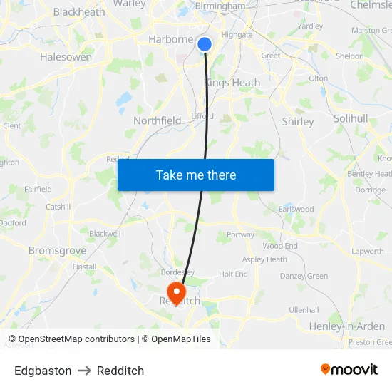 Edgbaston to Redditch map