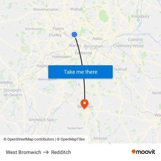 West Bromwich to Redditch map