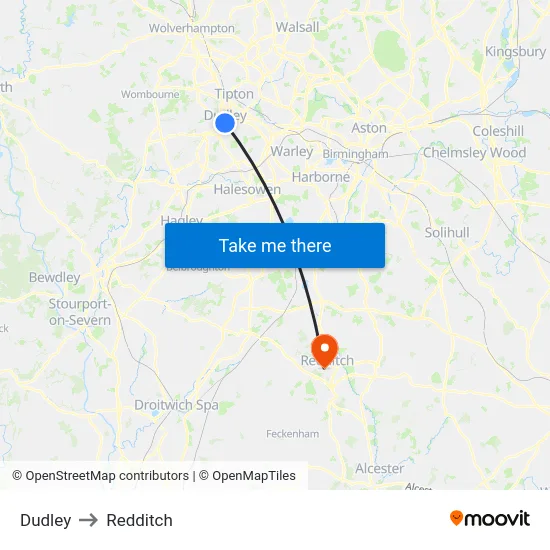 Dudley to Redditch map